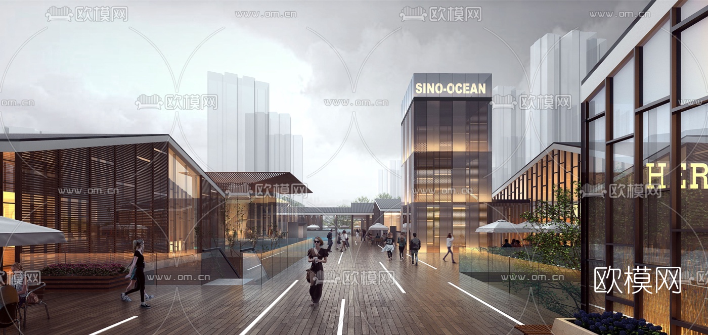 现代商业街su模型下载（渲染图2）