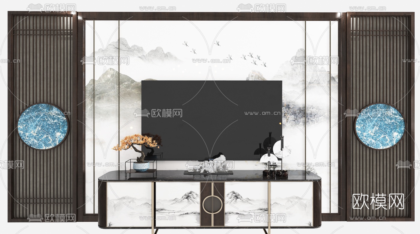 新中式轻奢电视柜背景墙3d模型下载