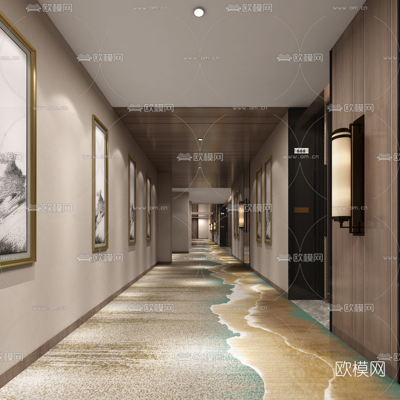 新中式酒店走廊过道免费3d模型下载（渲染图1）