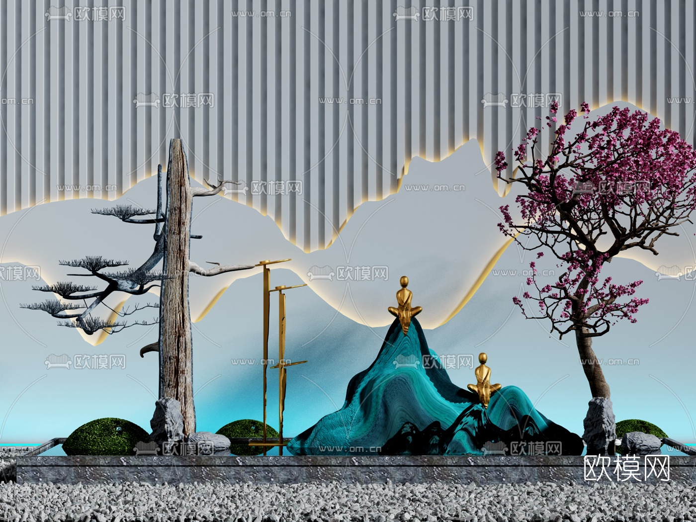 新中式假山枯树景观小品3d模型下载