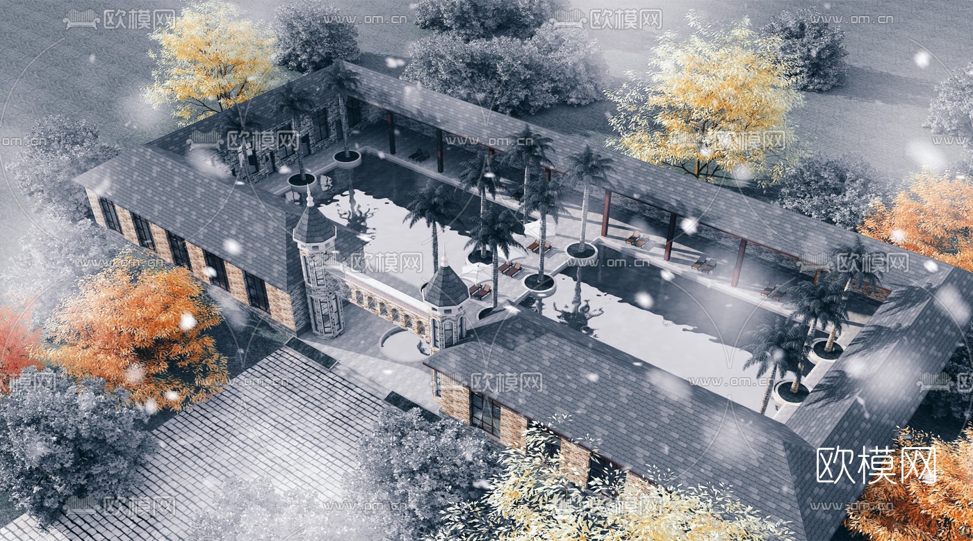 中式露天游泳池鸟瞰3d模型下载