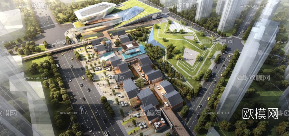 现代商业街建筑景观su模型下载（渲染图2）