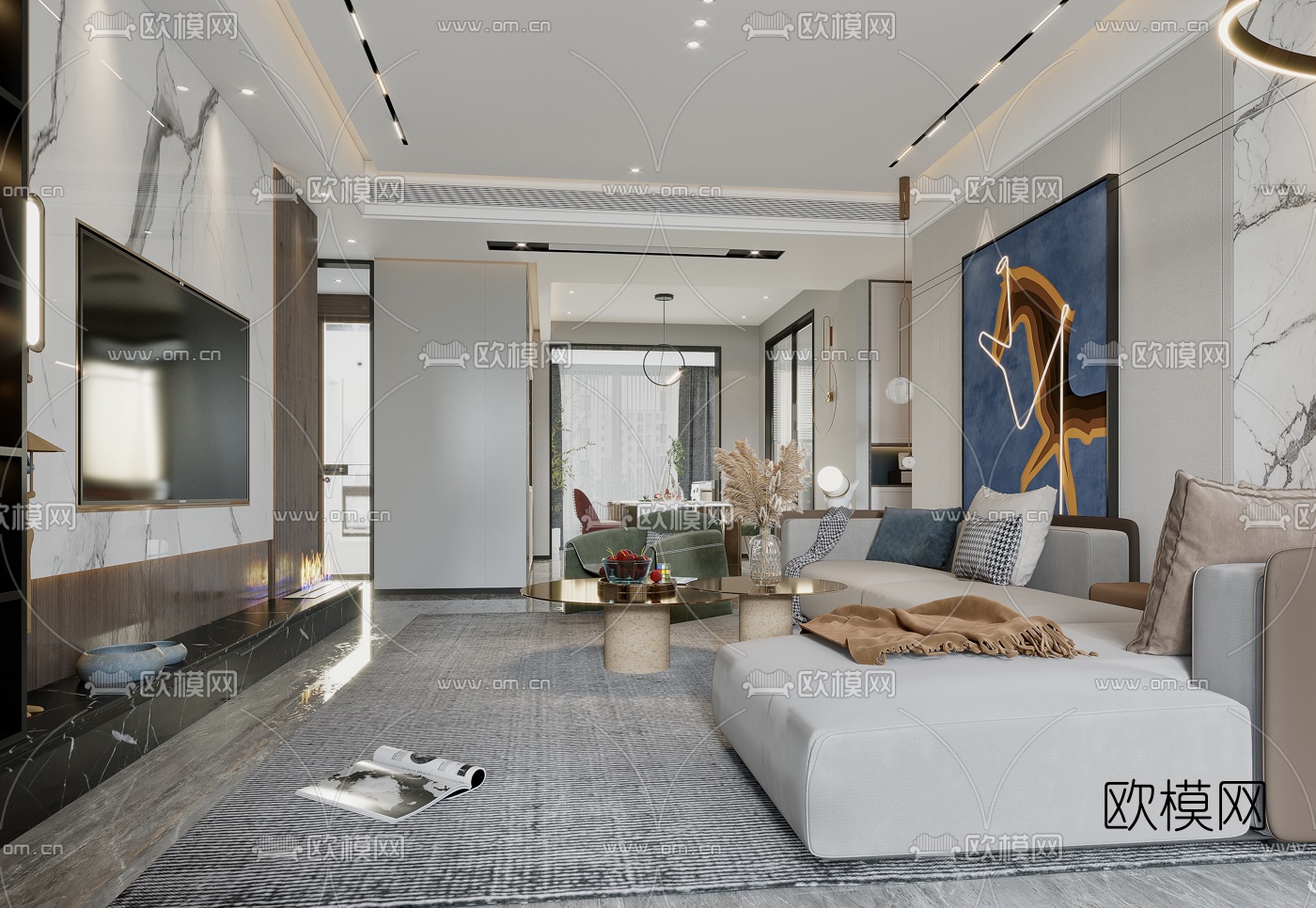 现代轻奢客厅餐厅3d模型下载（渲染图4）