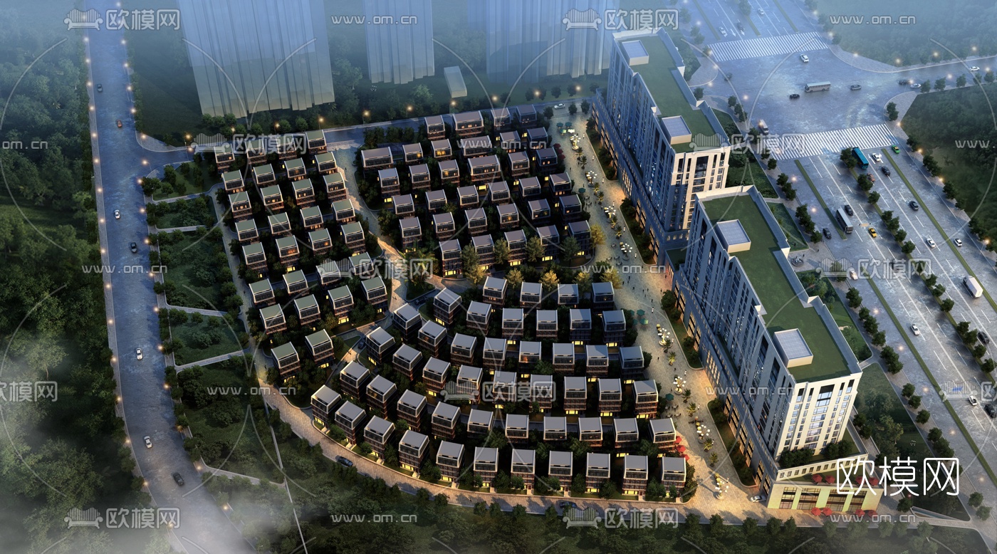 现代别墅小区鸟瞰夜景3d模型