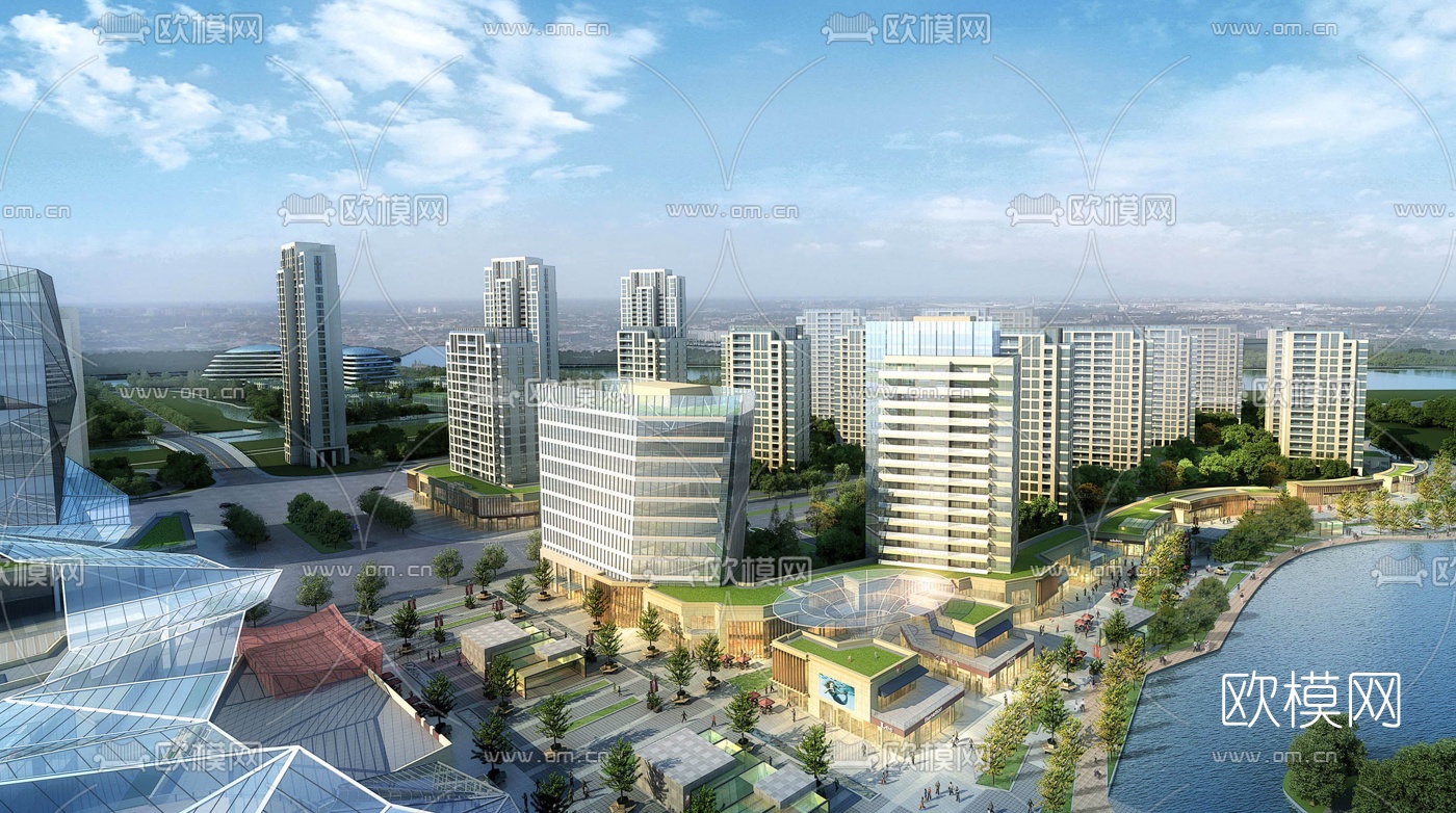 现代商业街鸟瞰3d模型下载（渲染图1）