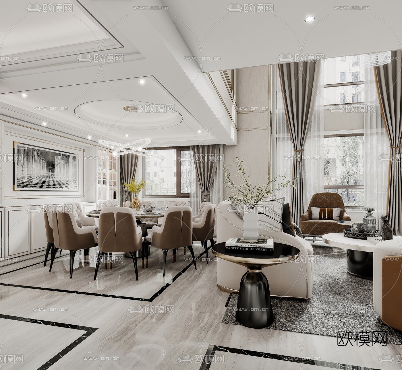 简欧简约别墅客厅餐厅3d模型