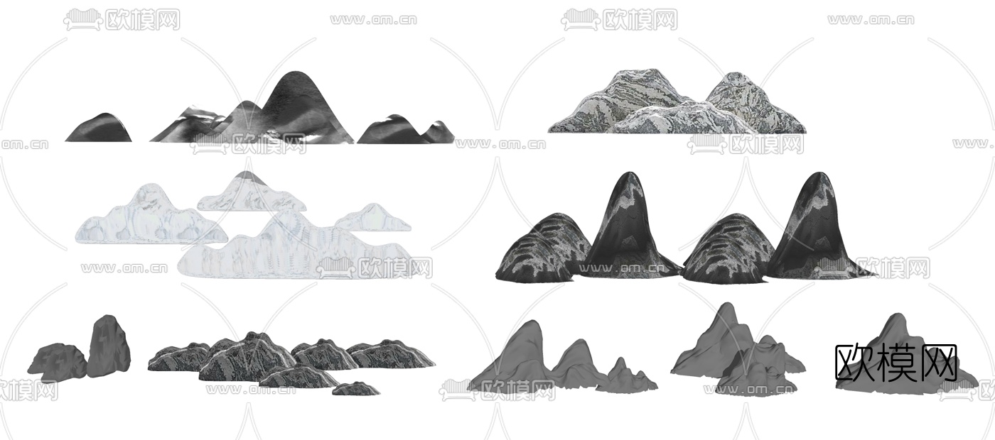 新中式山形景石石头小品su模型