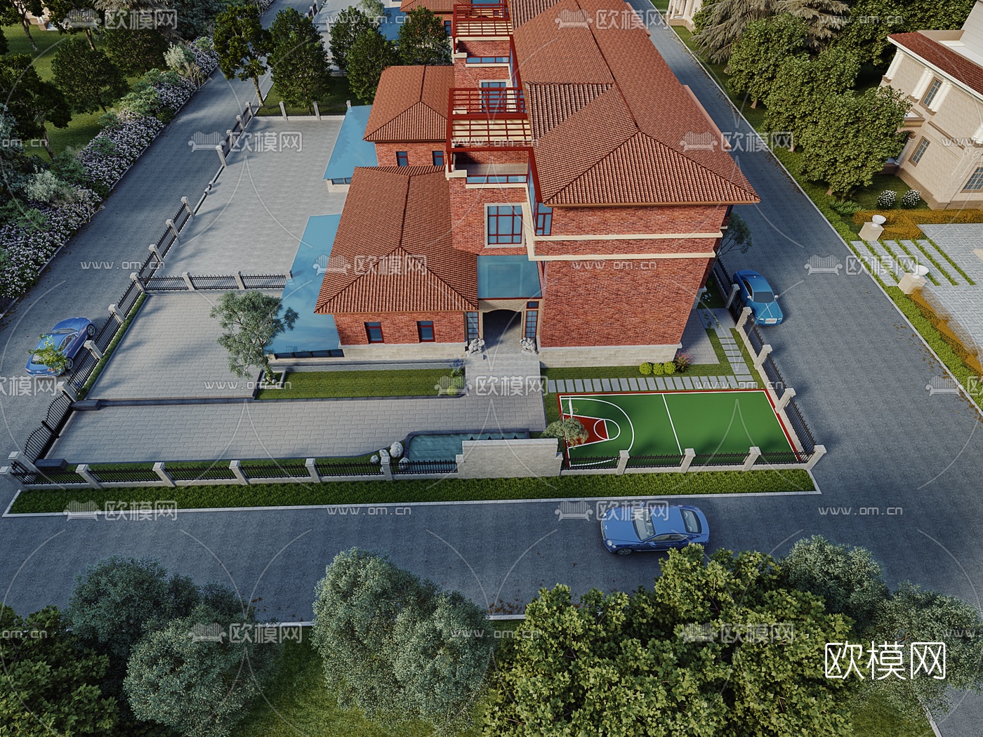 简欧别墅外观园林鸟瞰3d模型下载