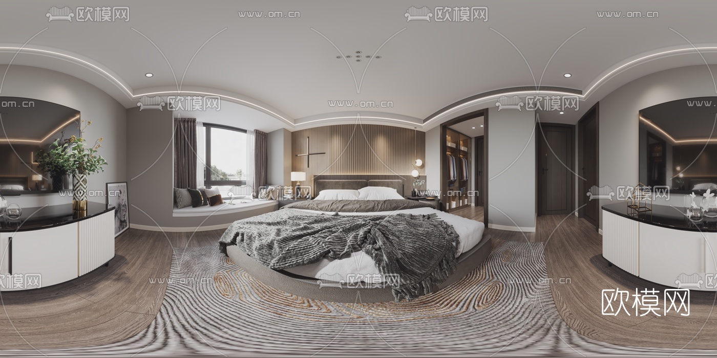 现代卧室cr全景3d模型-免费3dmax模型库-欧模网