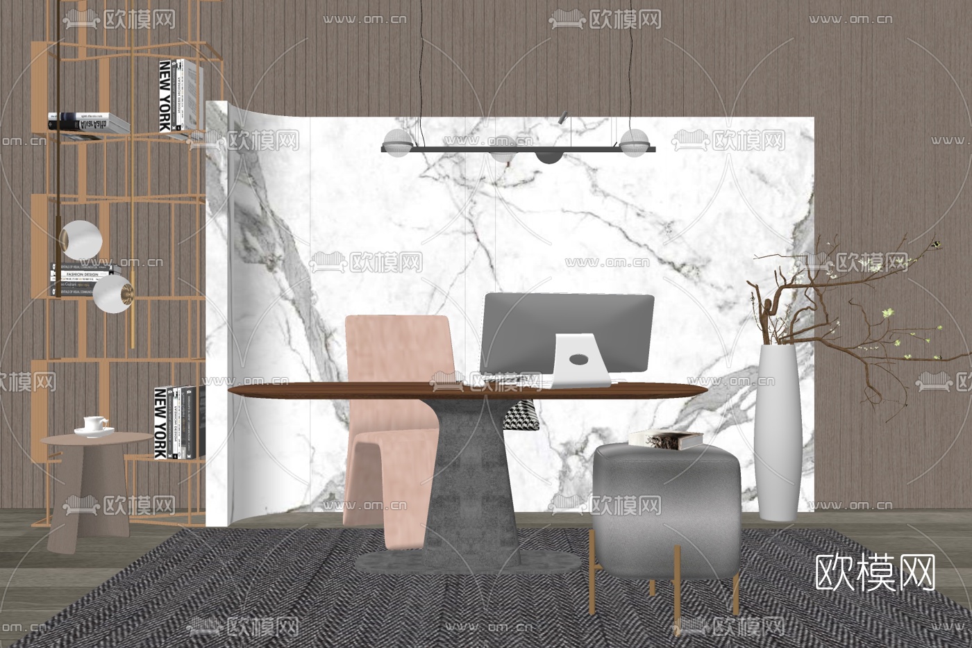 现代班台桌su模型下载