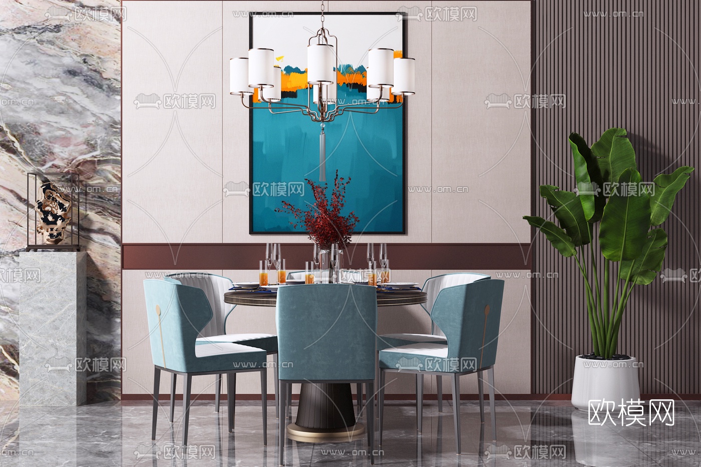 现代轻奢圆形餐桌椅3d模型下载