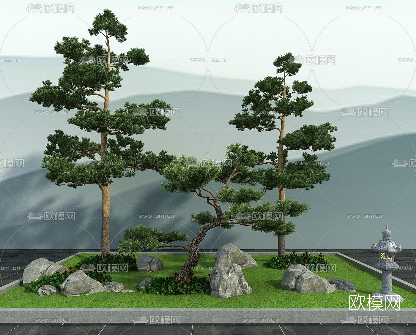 新中式松树假山花草景观小品3d模型