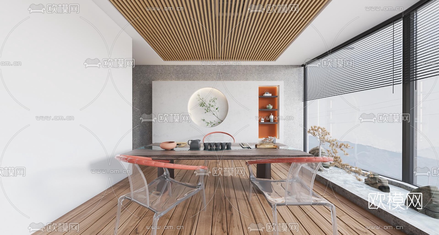 新中式办公室茶室休息区vr全景3d模型