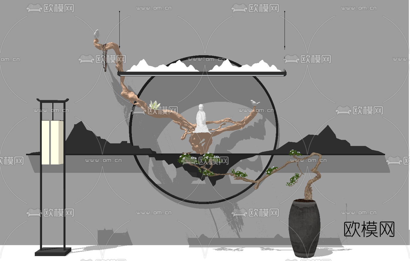 新中式禅意墙饰挂件su模型下载