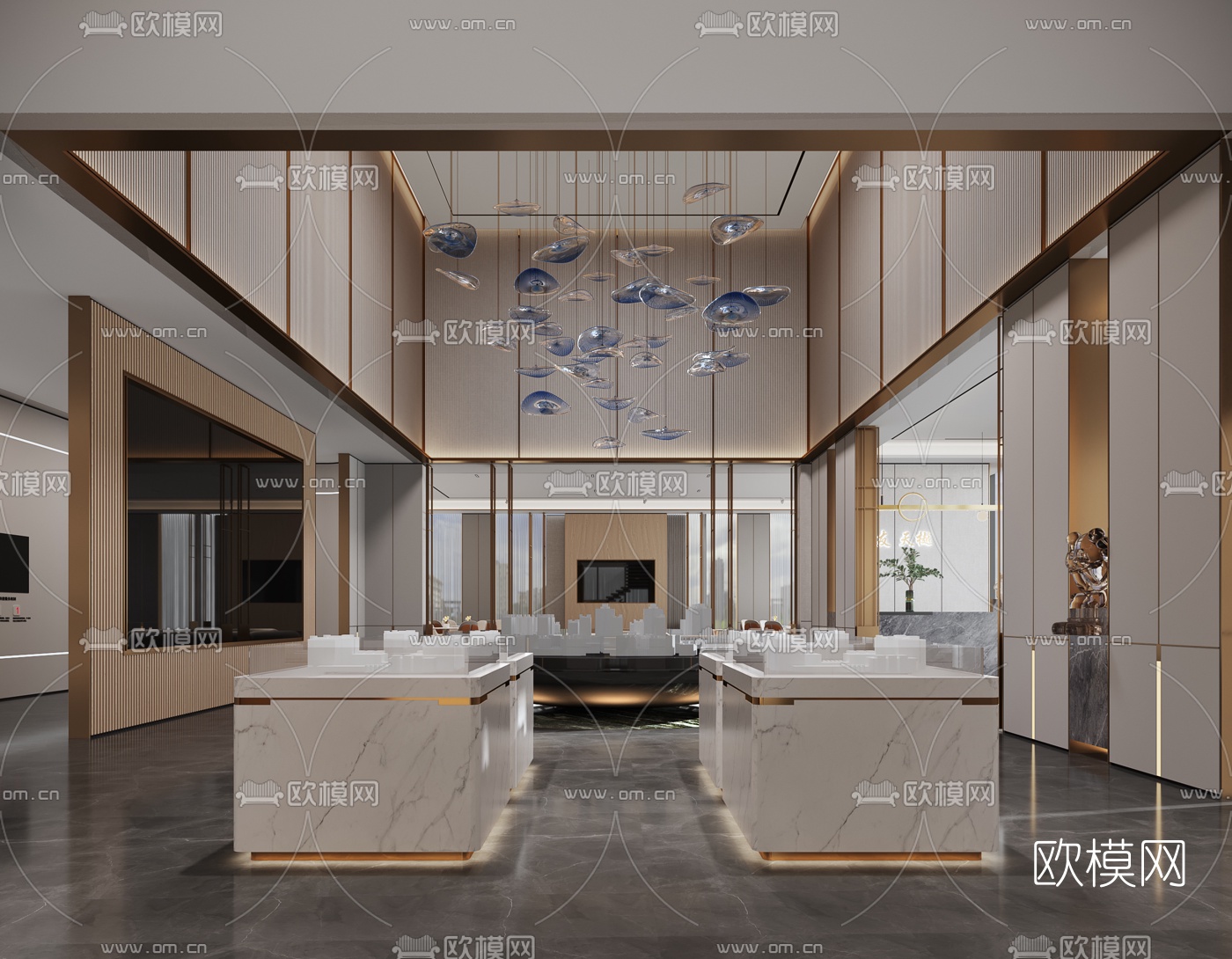 现代轻奢售楼处沙盘区3d模型下载（渲染图2）
