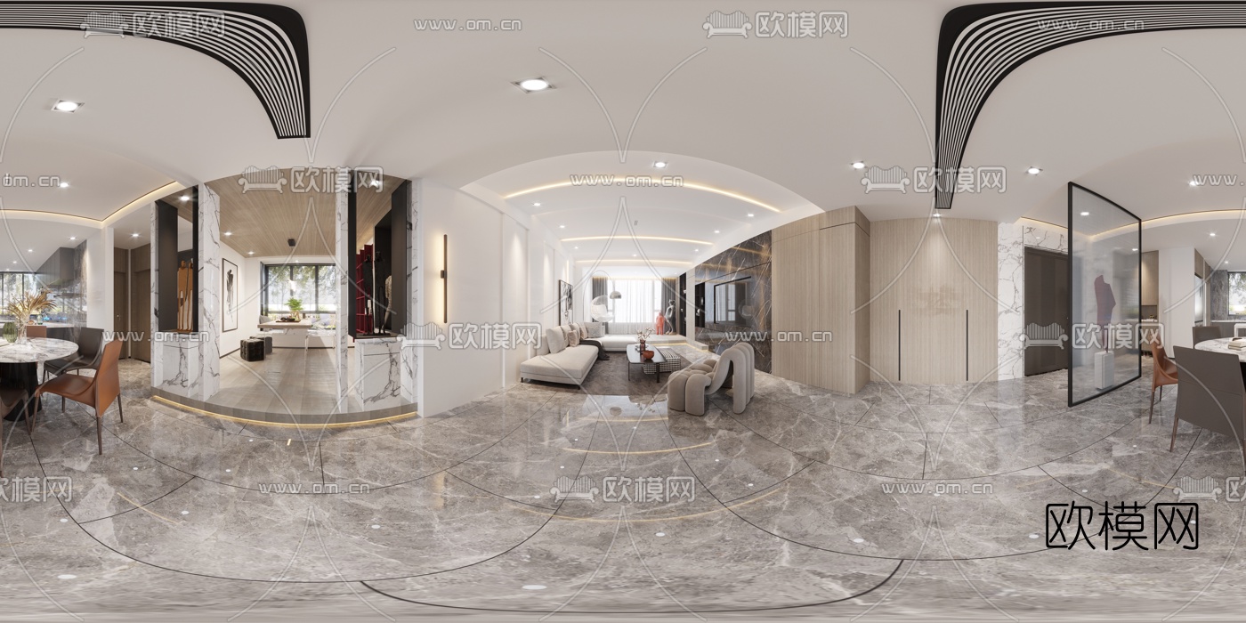 现代客厅餐厅CR全景3d模型