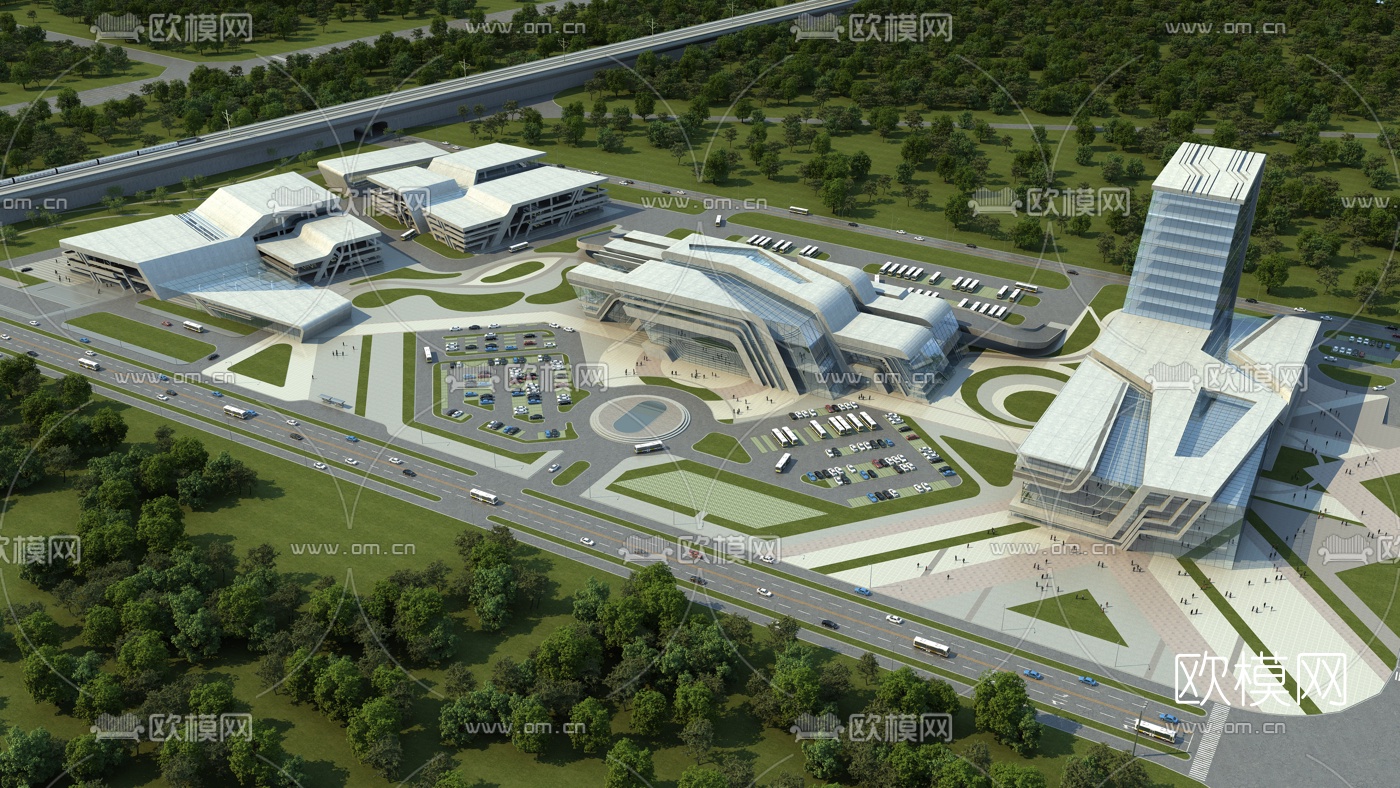 后现代客运站建筑外观3d模型下载