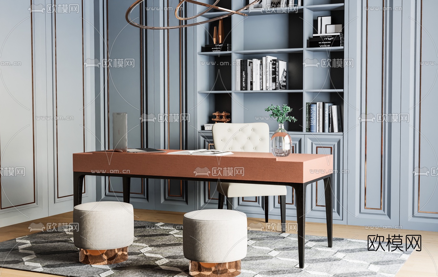 简欧书房su模型下载（渲染图1）