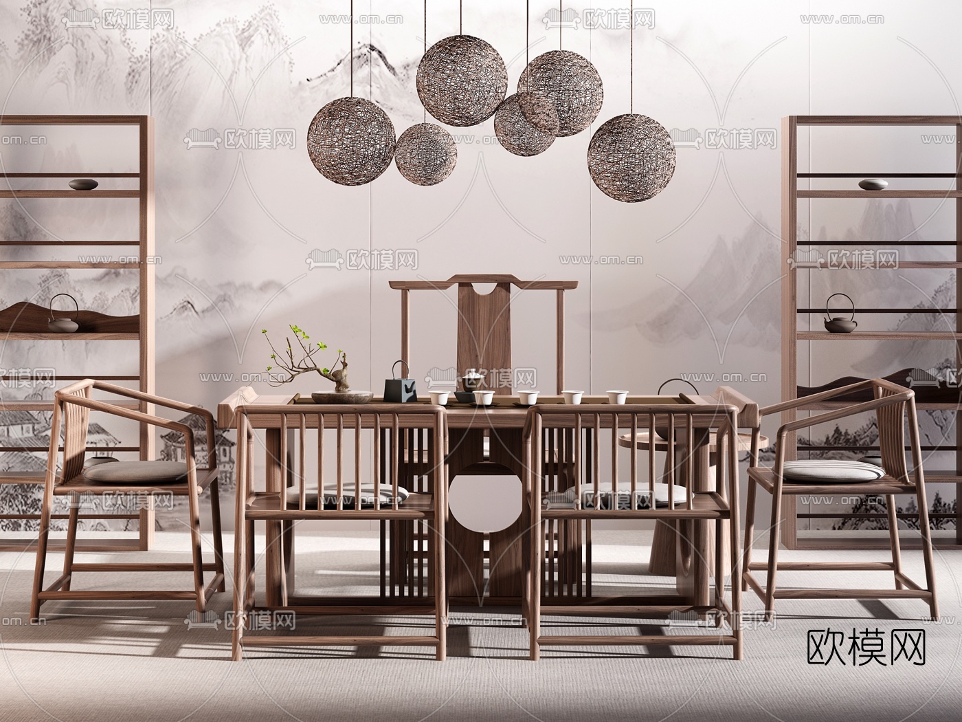 新中式实木茶桌椅3d模型下载