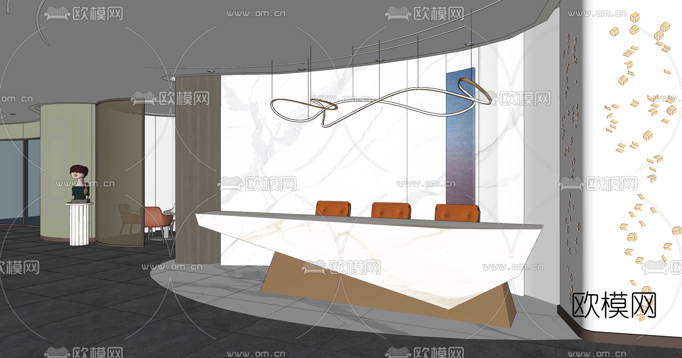 现代办公前台su模型下载（渲染图1）
