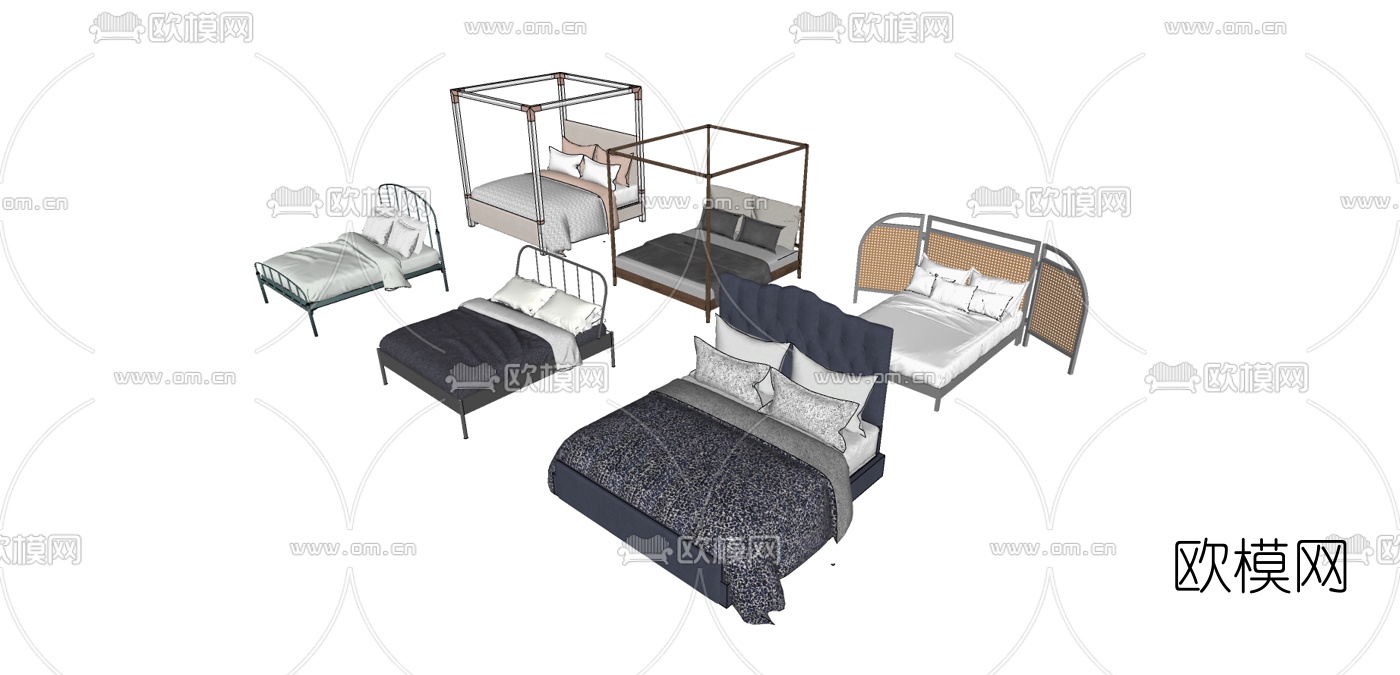 工业风布艺双人床su模型下载（渲染图3）
