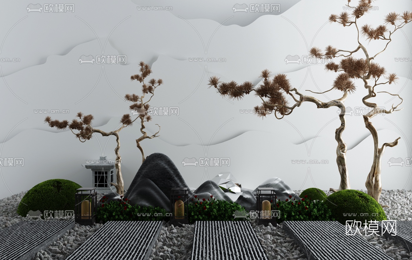 新中式假山枯石景观小品3d模型下载