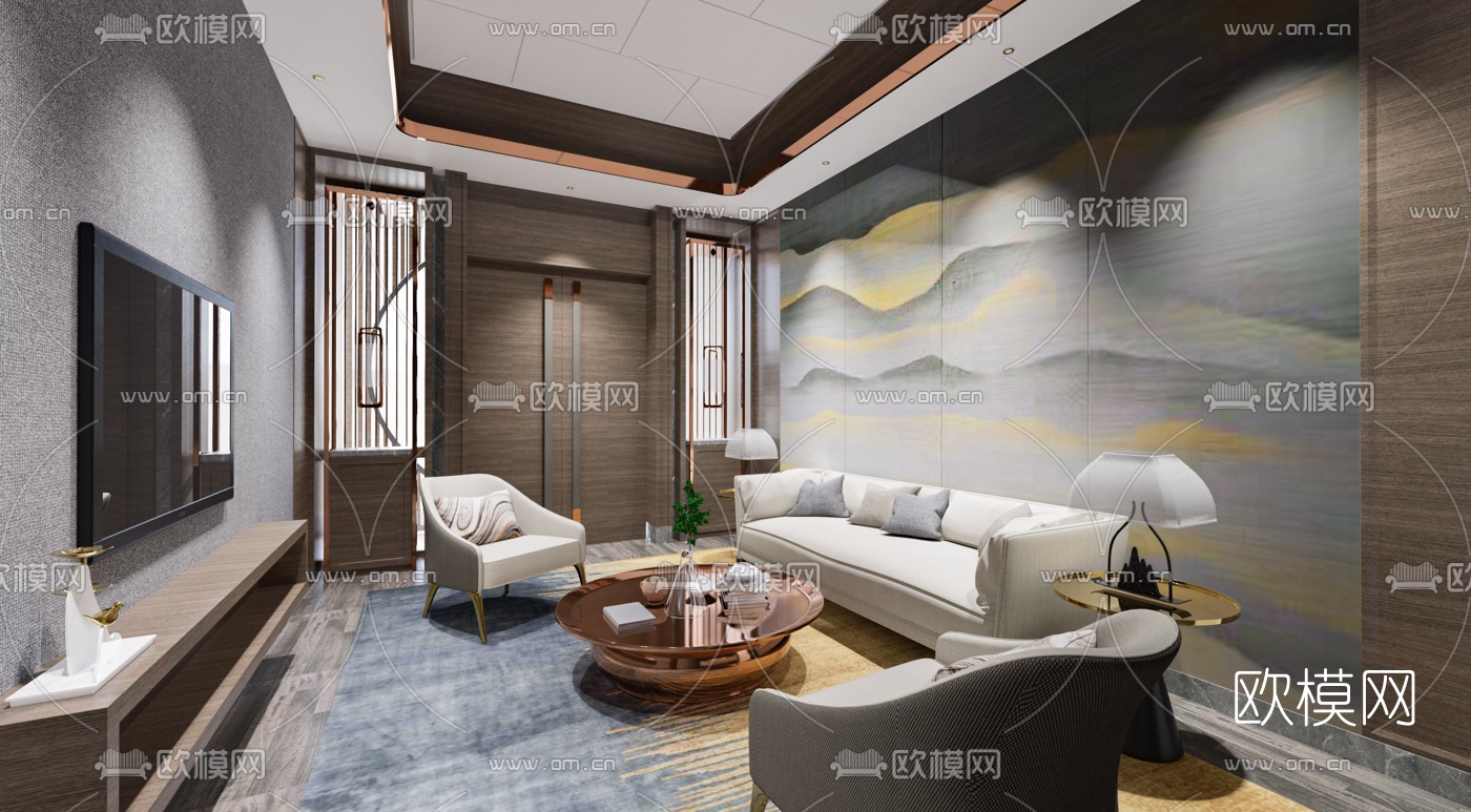 新中式客厅su模型