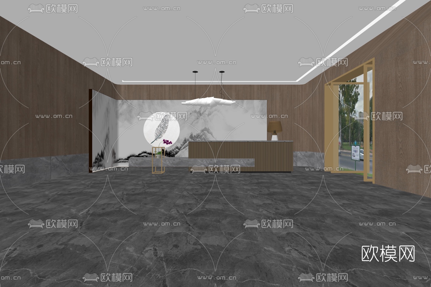 新中式前台接待台su模型下载