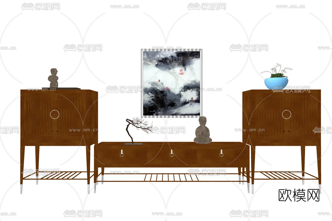 新中式实木电视柜su模型下载