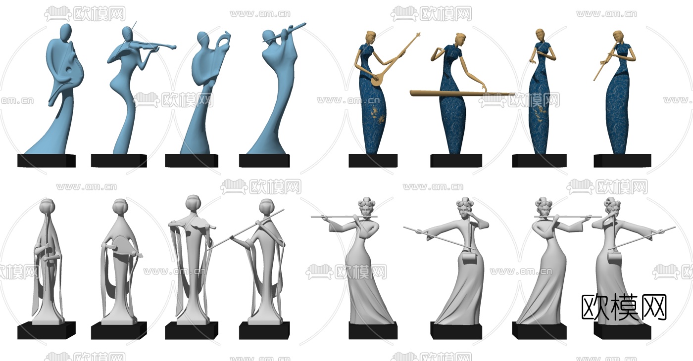 中式抽象人物乐队表演雕塑su模型下载
