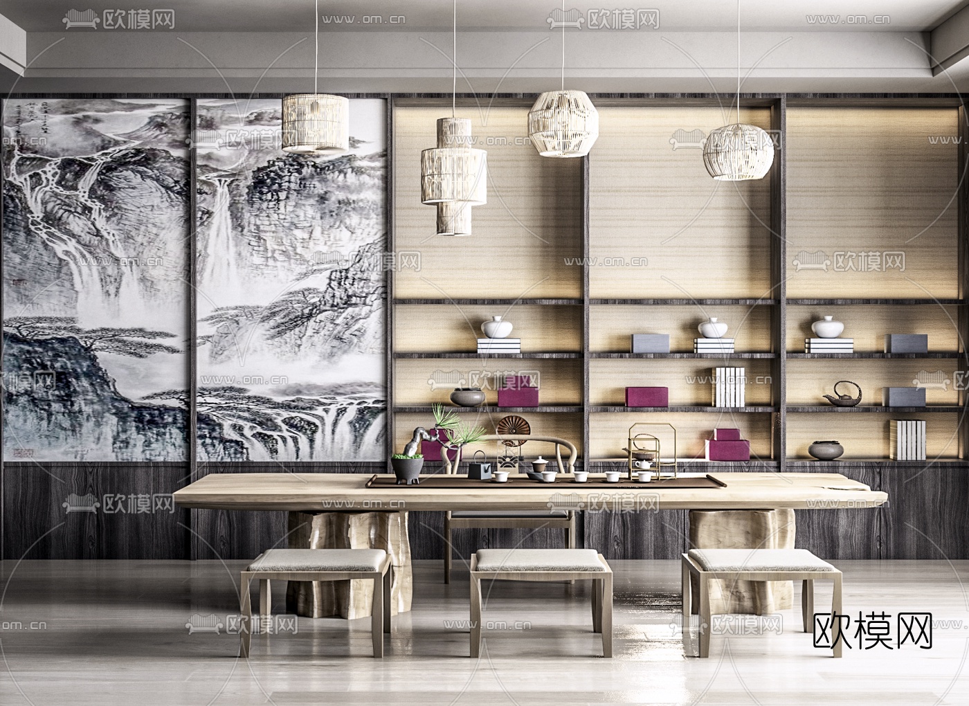 新中式实木茶桌椅3d模型下载（渲染图1）