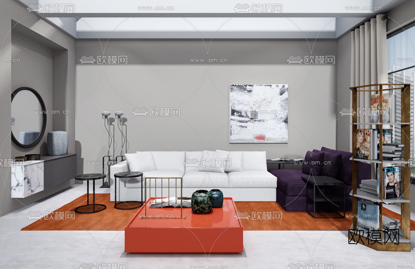 意大利Meridiani 现代沙发茶几书架组合3D模型下载（渲染图1）