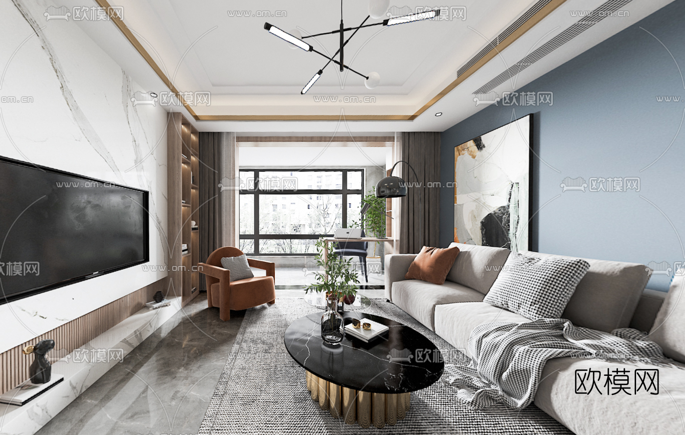 现代客厅餐厅vr全景3d模型-免费3dmax模型库-欧模网