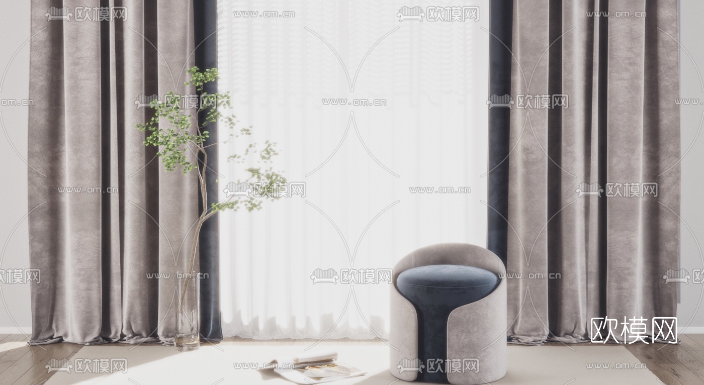 现代布艺窗帘圆凳3d模型