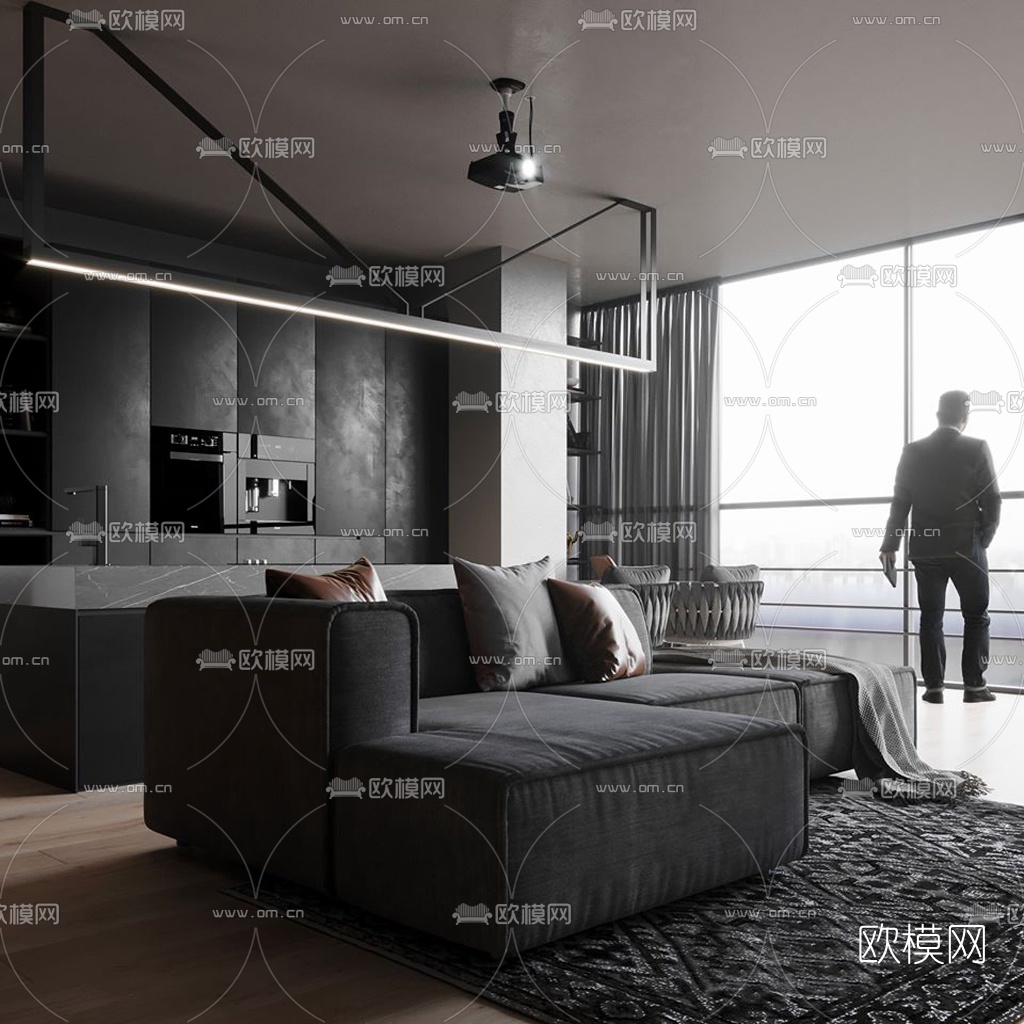 现代高级灰客厅餐厅3d模型
