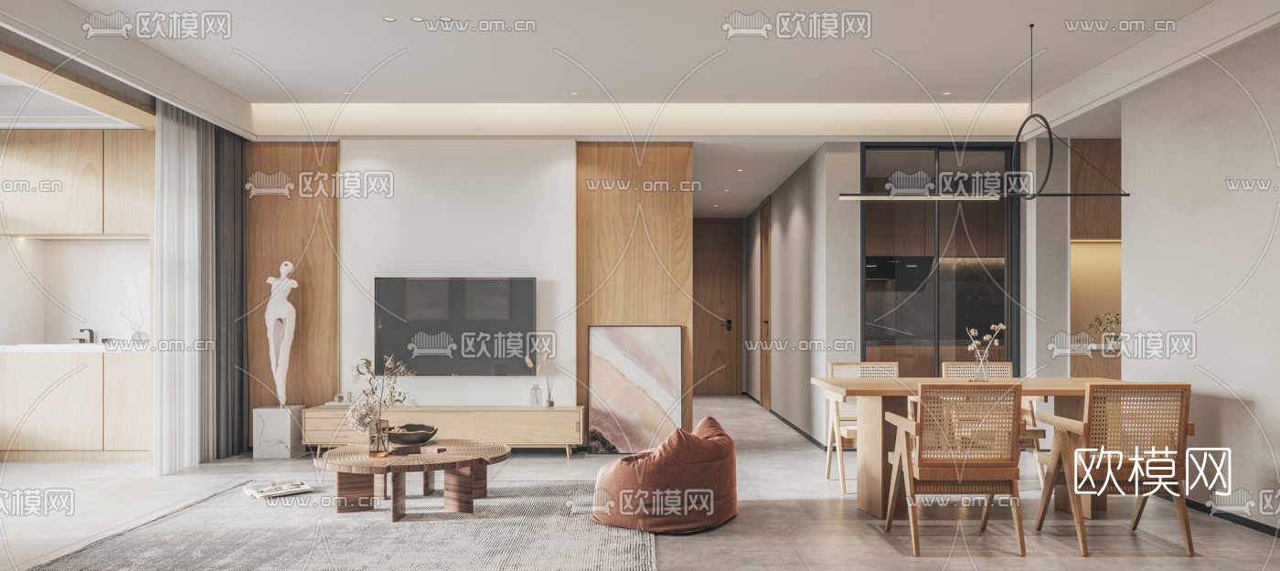 北欧客厅餐厅3d模型下载（渲染图1）