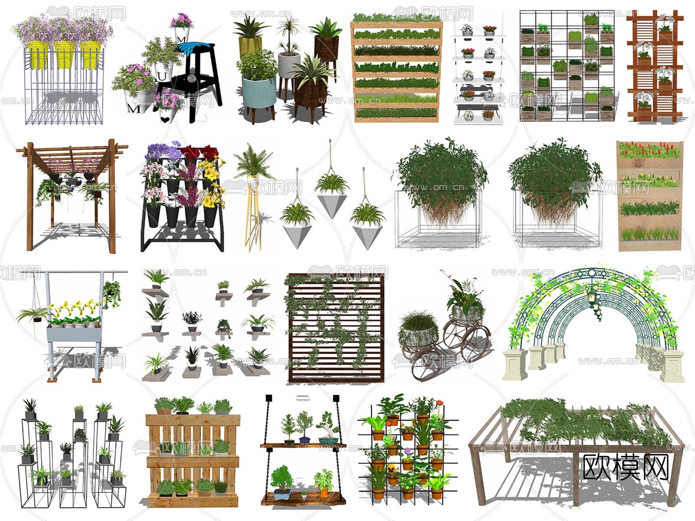 现代花架盆栽su模型下载