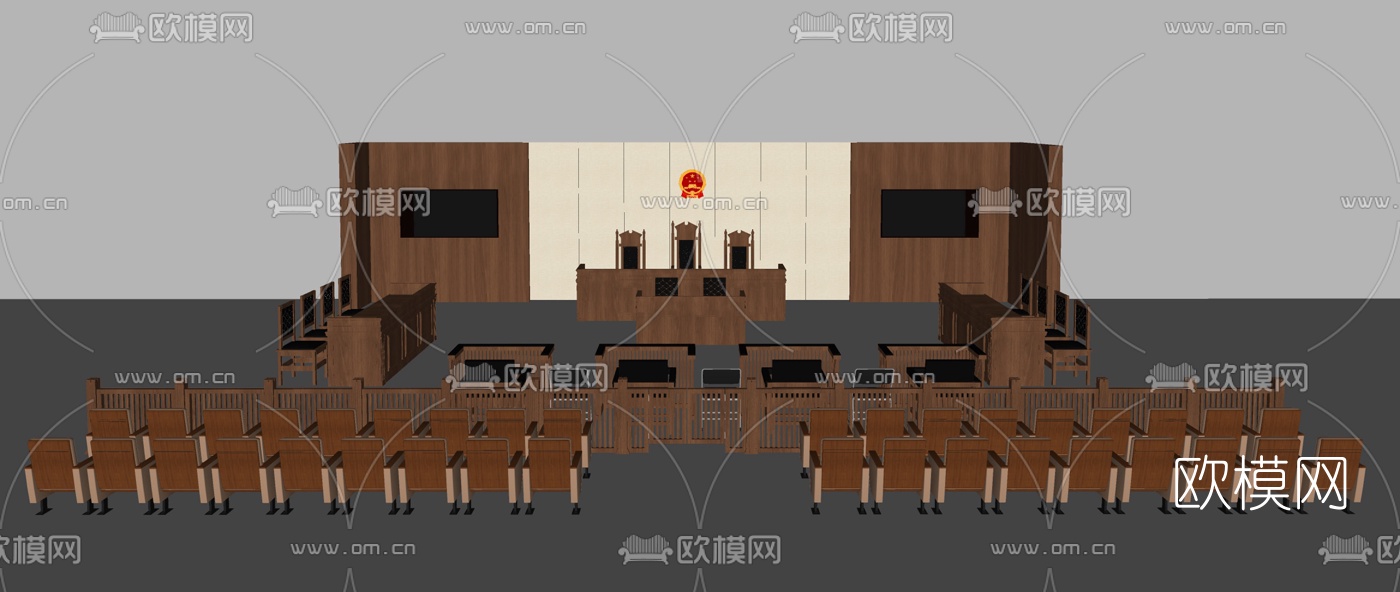 中式法院法庭审判庭su模型下载（渲染图2）