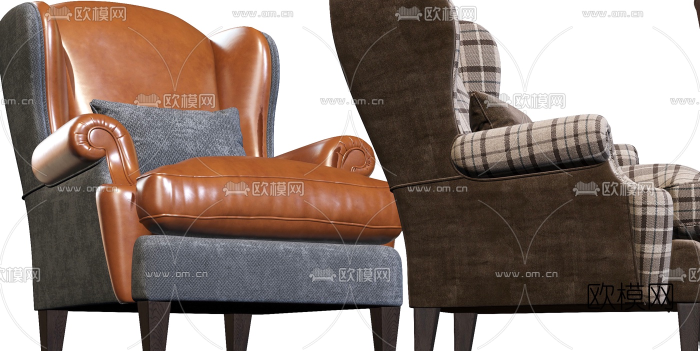 美式布艺皮革休闲沙发3d模型下载（渲染图4）