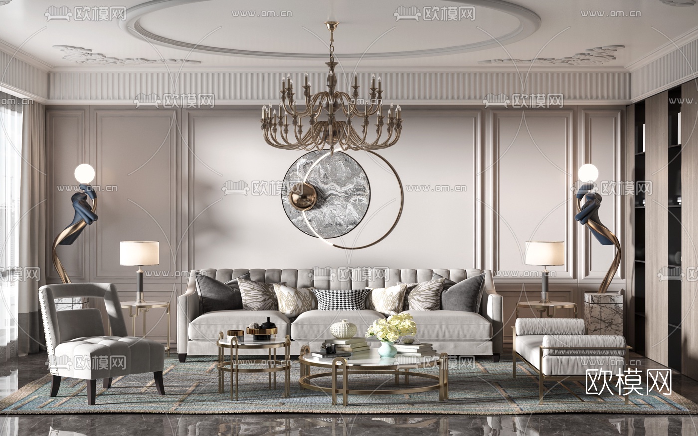 简欧布艺沙发组合3d模型下载