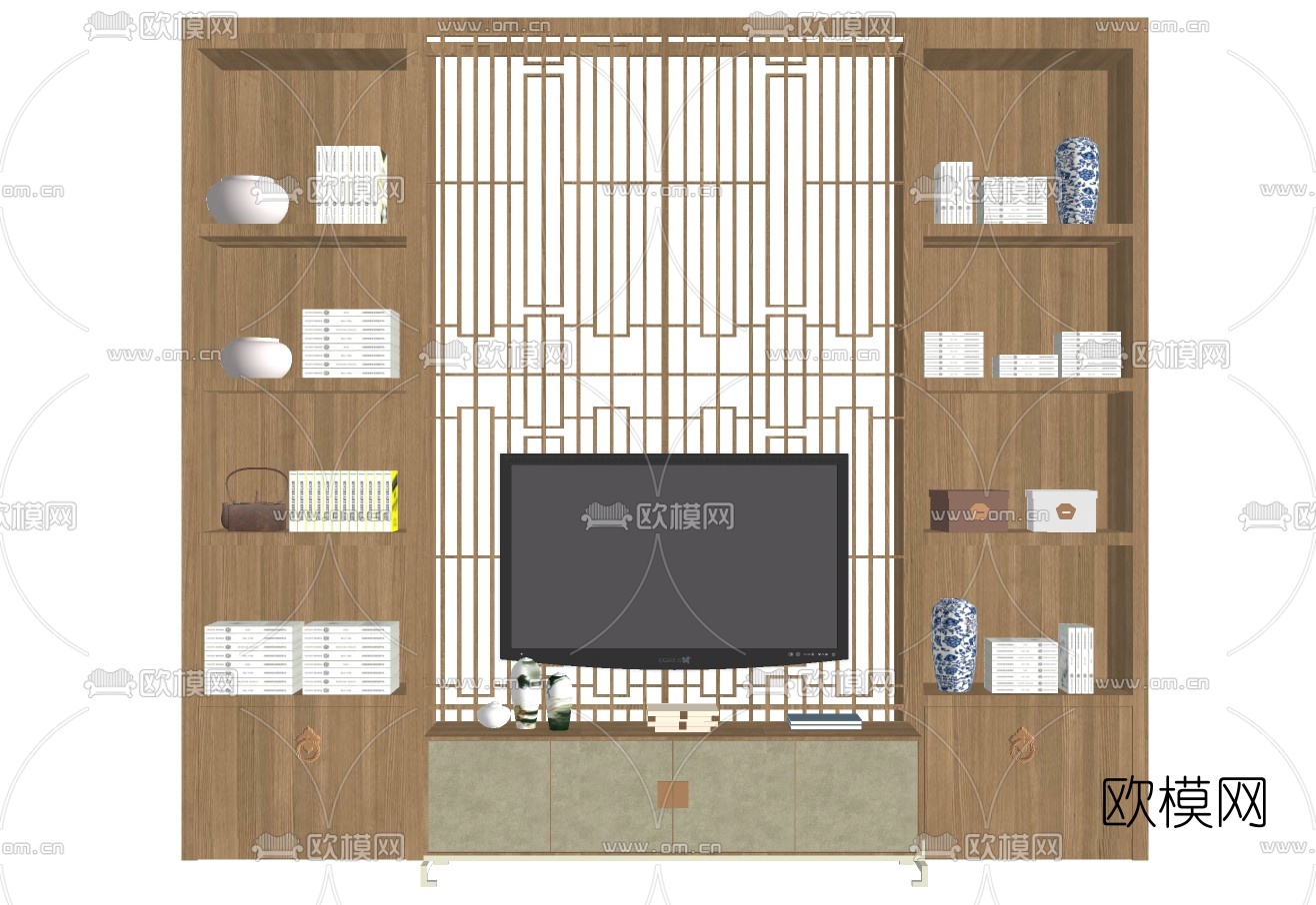 新中式电视柜背景墙su模型下载