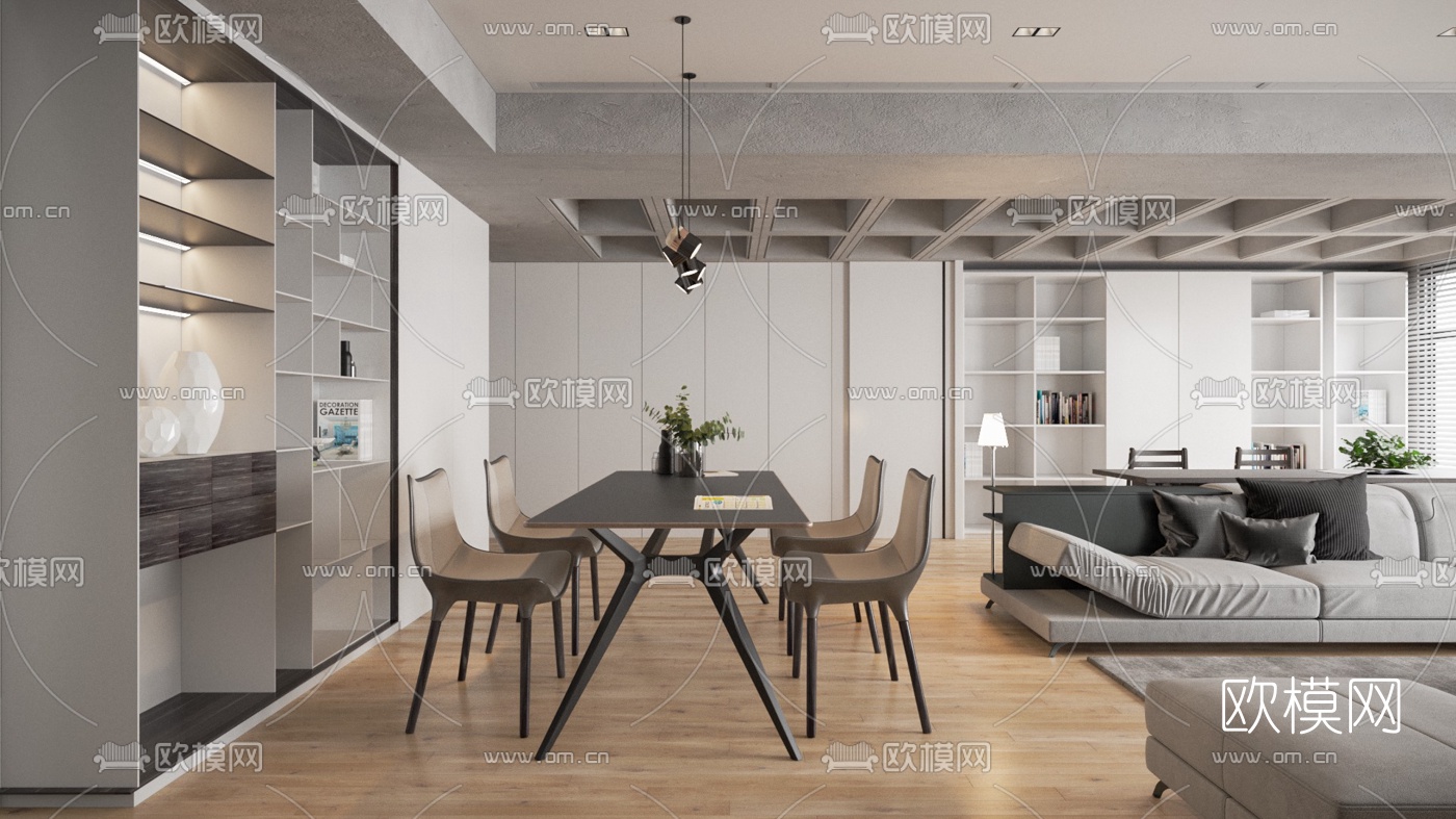 工业风简约客厅餐厅3d模型下载（渲染图3）