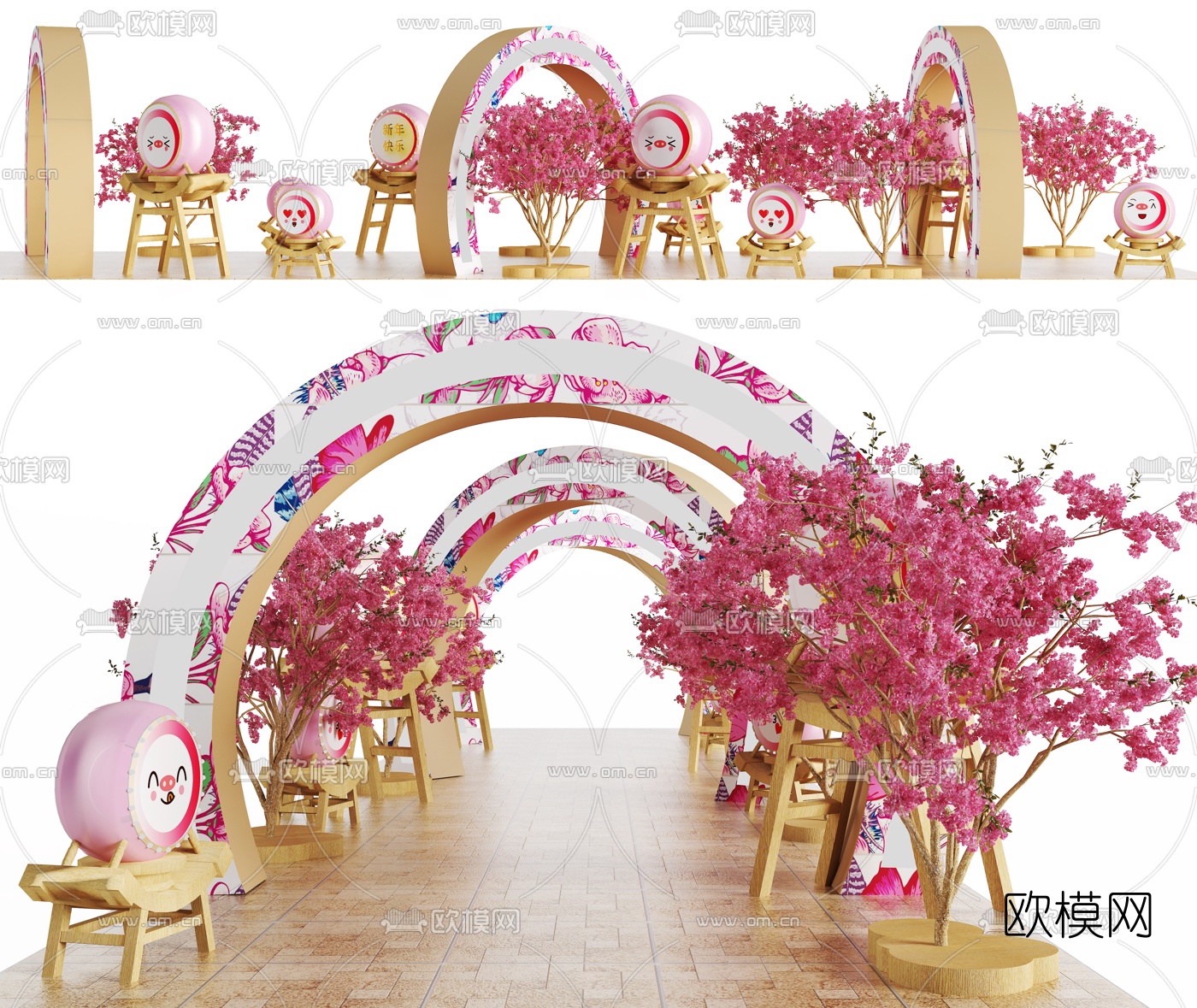 新中式美陈过道婚庆走道节日樱花树3d模型下载