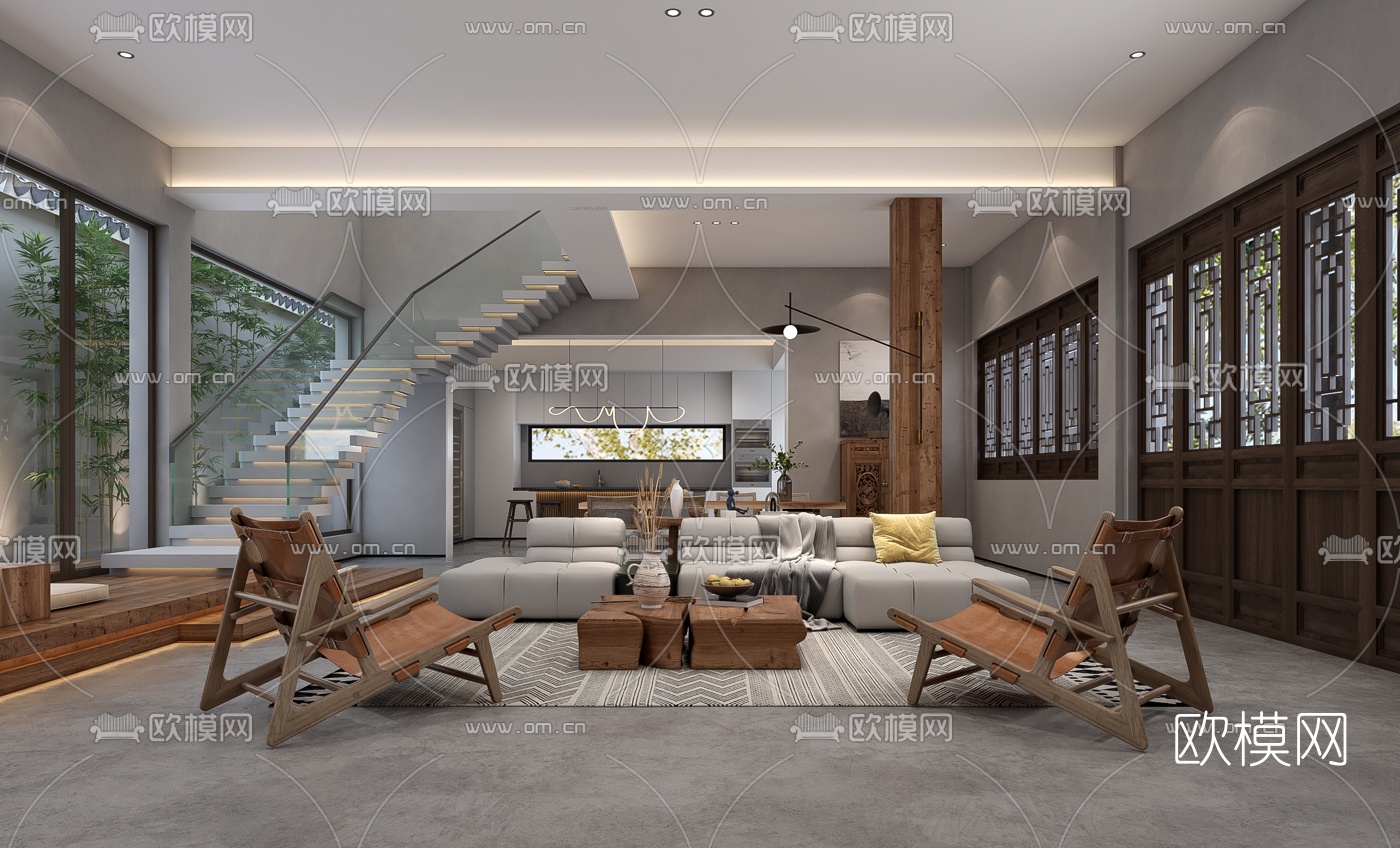 现代民宿客厅餐厅3d模型下载（渲染图2）