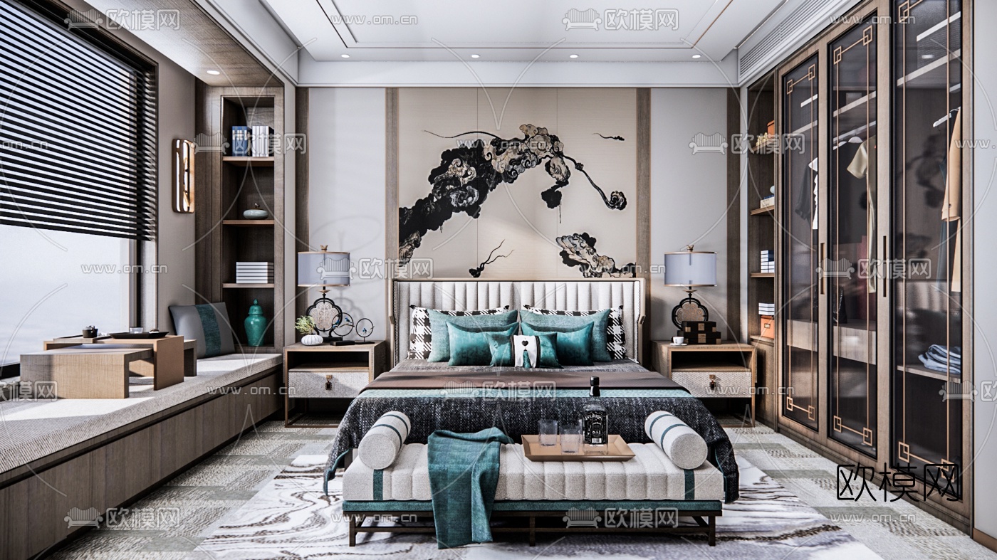 新中式卧室su模型下载（渲染图1）
