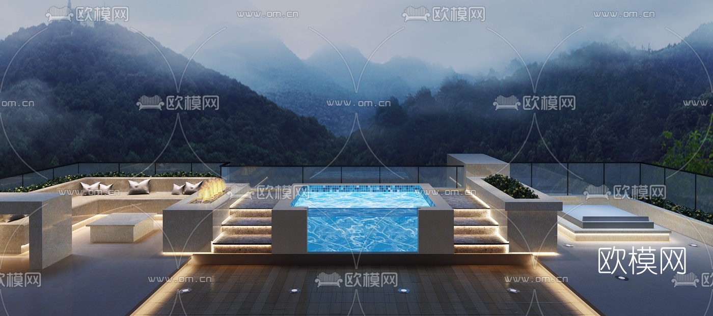 现代露天庭院花园泳池3d模型下载
