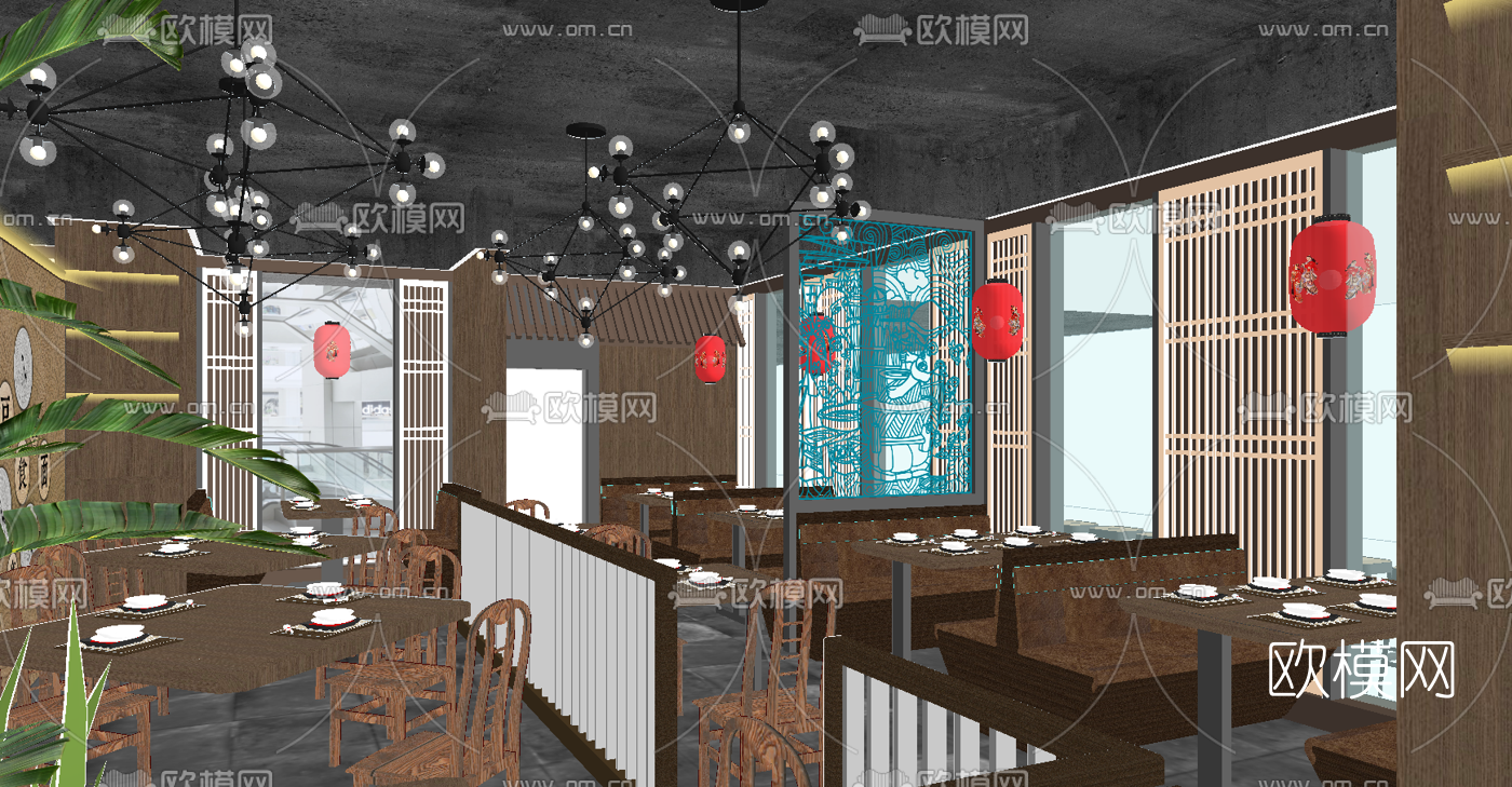 新中式中餐厅su模型下载（渲染图2）