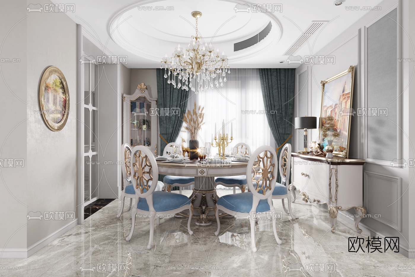 简欧客厅餐厅3d模型下载（渲染图2）