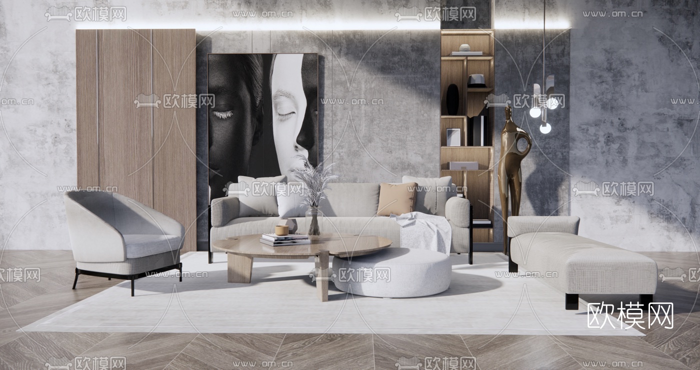 现代布艺沙发组合su模型下载（渲染图1）