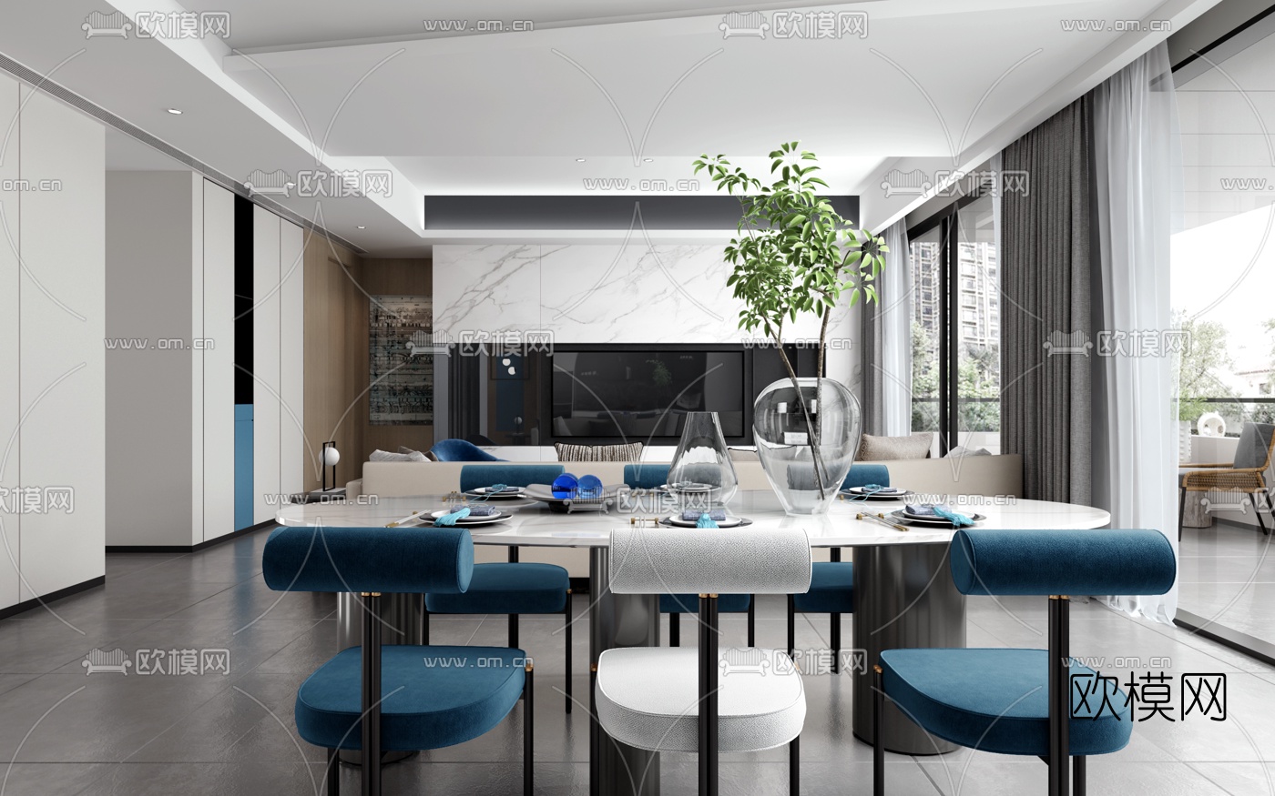 九度设计 现代客厅餐厅3d模型